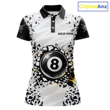 Load image into Gallery viewer, Funny crack 8 ball custom billiard polo shirt for women, pool team jersey and tournament apparel.