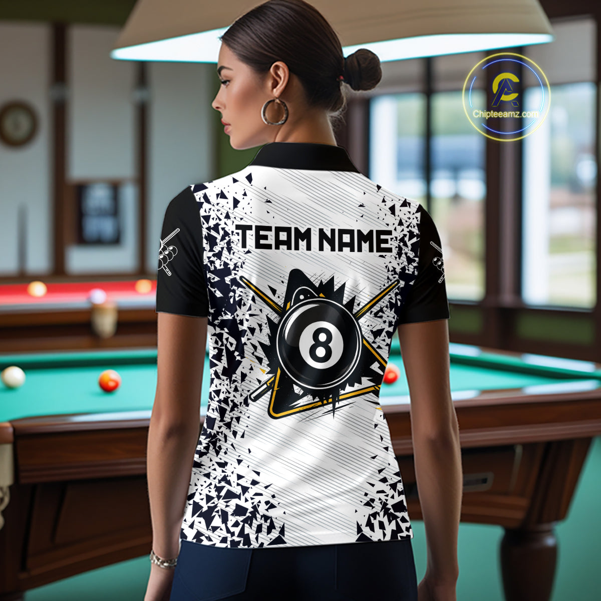Back view of woman wearing a funny crack 8 ball pool jersey.