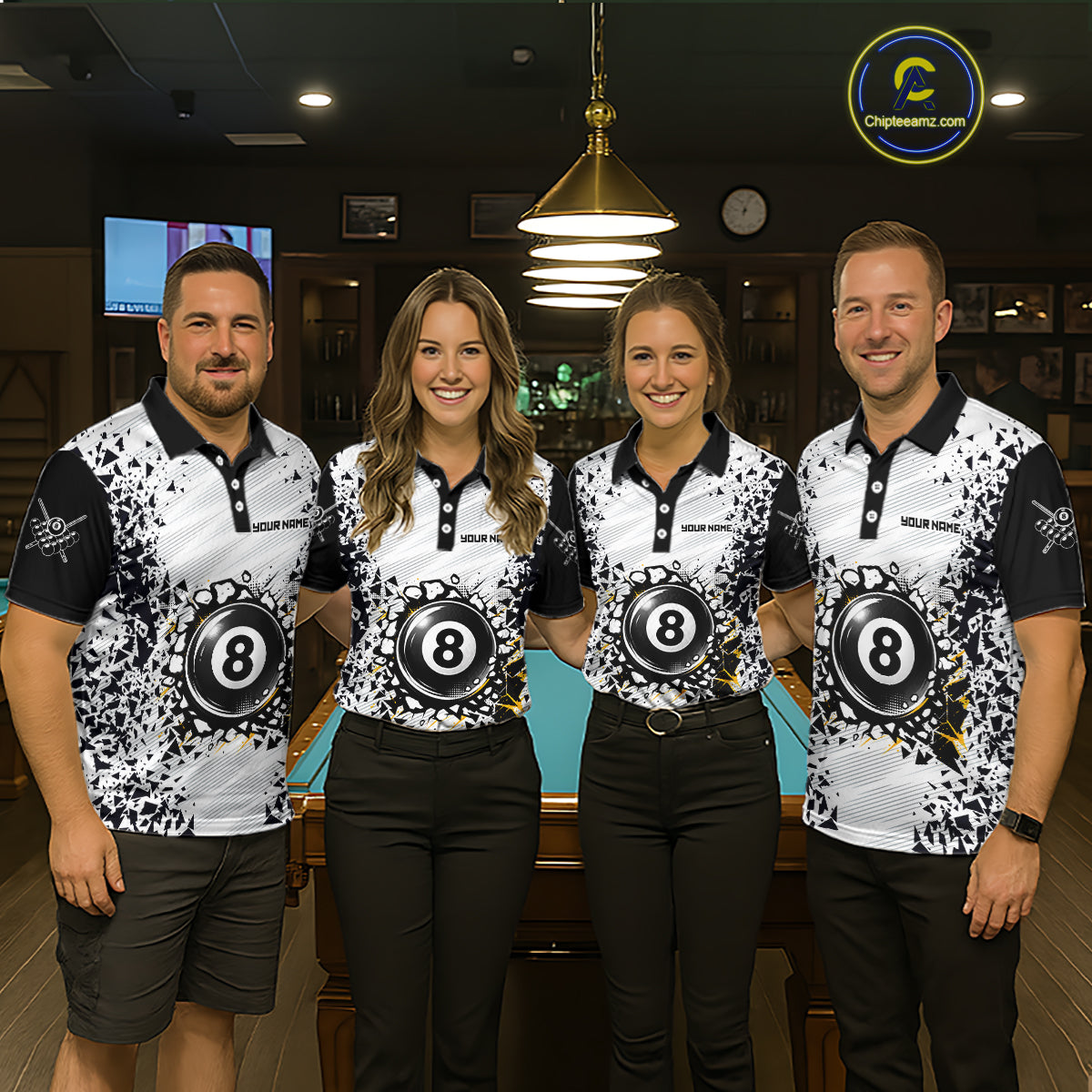 Pool team wearing matching funny crack 8 ball billiard jerseys front view.