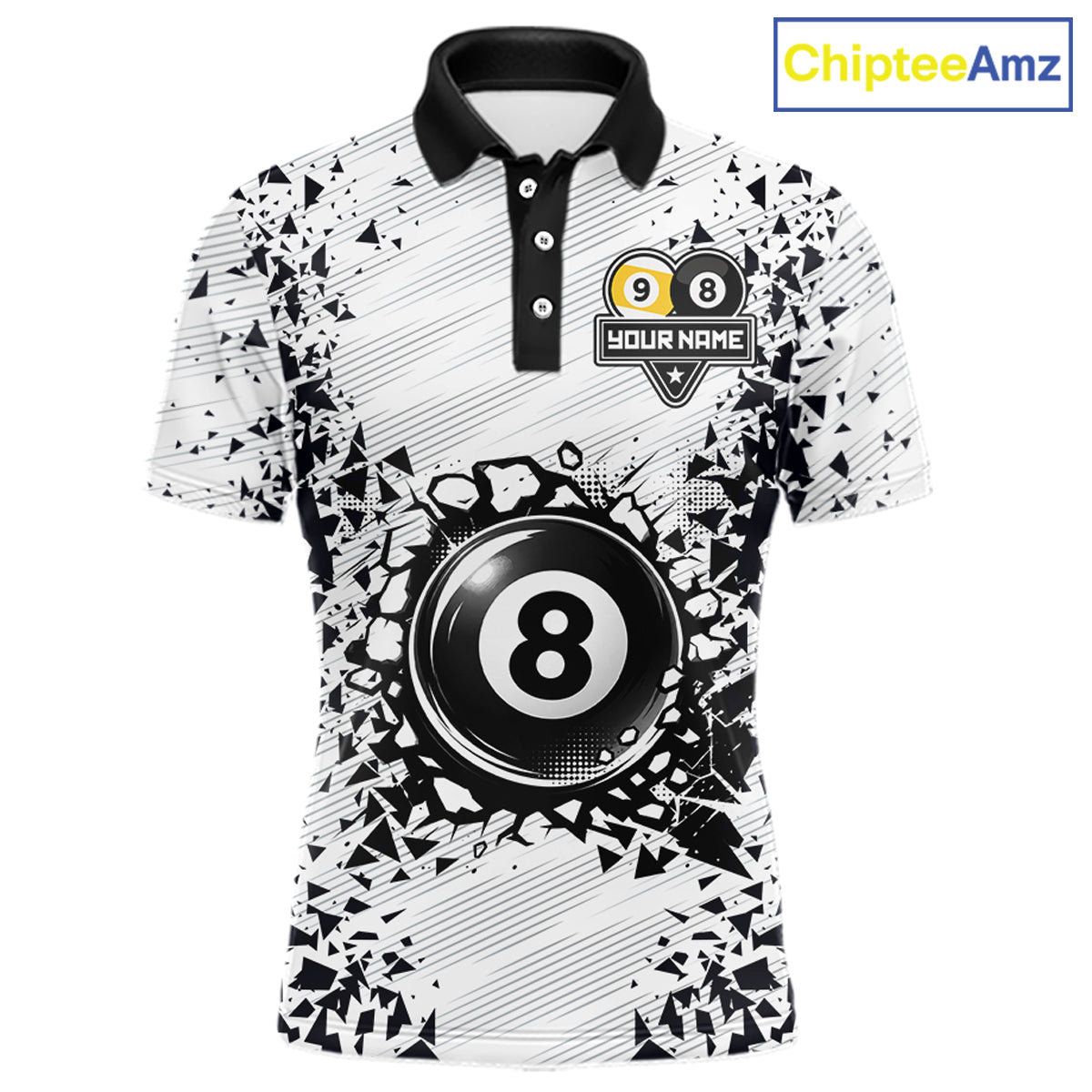 Funny crack 8 ball and 9 ball pool team polo shirt for men with cracked billiard ball graphics.