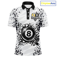 Load image into Gallery viewer, Funny crack 8 ball and 9 ball pool team polo shirt for men with cracked billiard ball graphics.