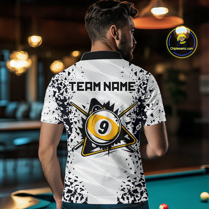 Back view of man wearing a funny crack 8 ball and 9 ball pool jersey.