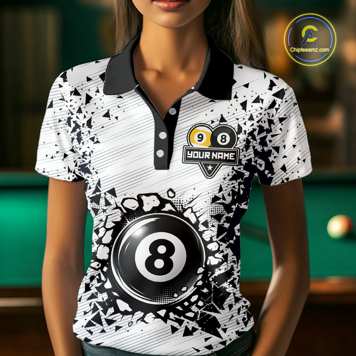 Woman wearing a funny crack 8 ball and 9 ball billiard jersey front view, custom pool team shirt.