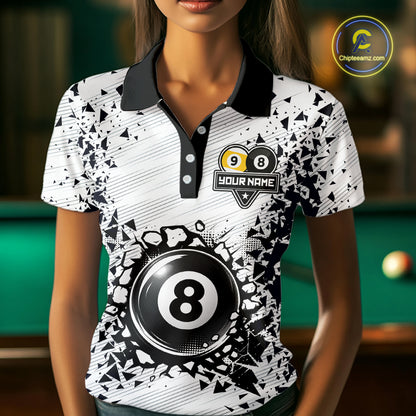 Woman wearing a funny crack 8 ball and 9 ball billiard jersey front view, custom pool team shirt.