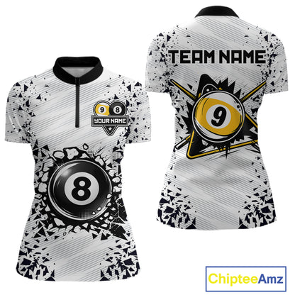 Funny crack 8 ball and 9 ball quarter zip billiard shirt for women, custom pool team jersey.