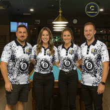 Load image into Gallery viewer, Pool team wearing matching funny crack 8 ball and 9 ball billiard jerseys front view.