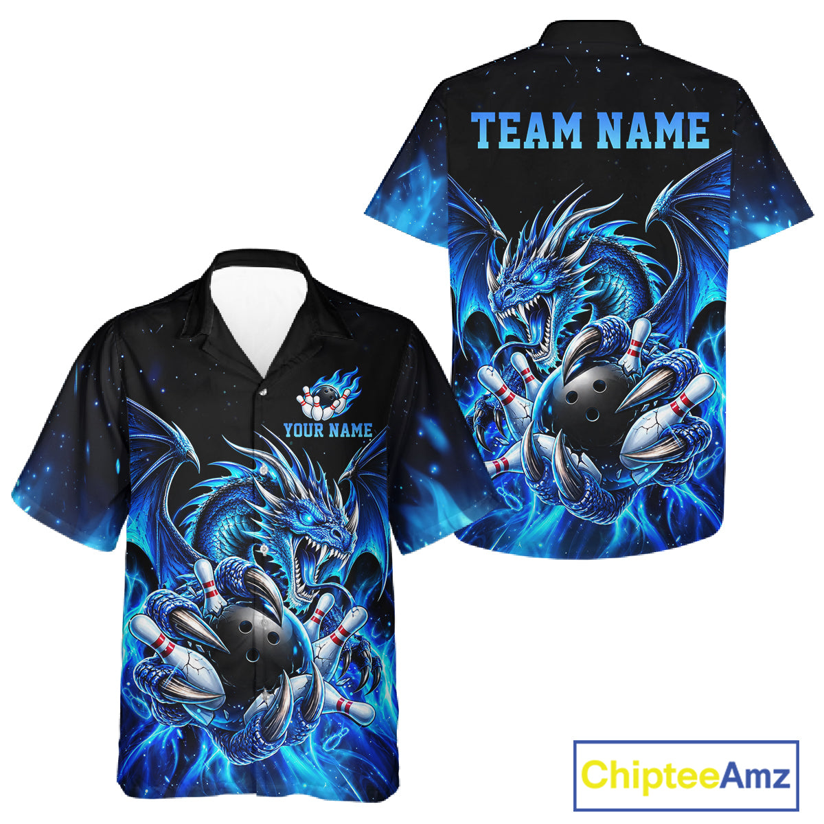 Custom Blue Flaming Dragon Bowling Hawaiian Shirt For Men And Women, Bowling Team Button Up Jersey TDM8020