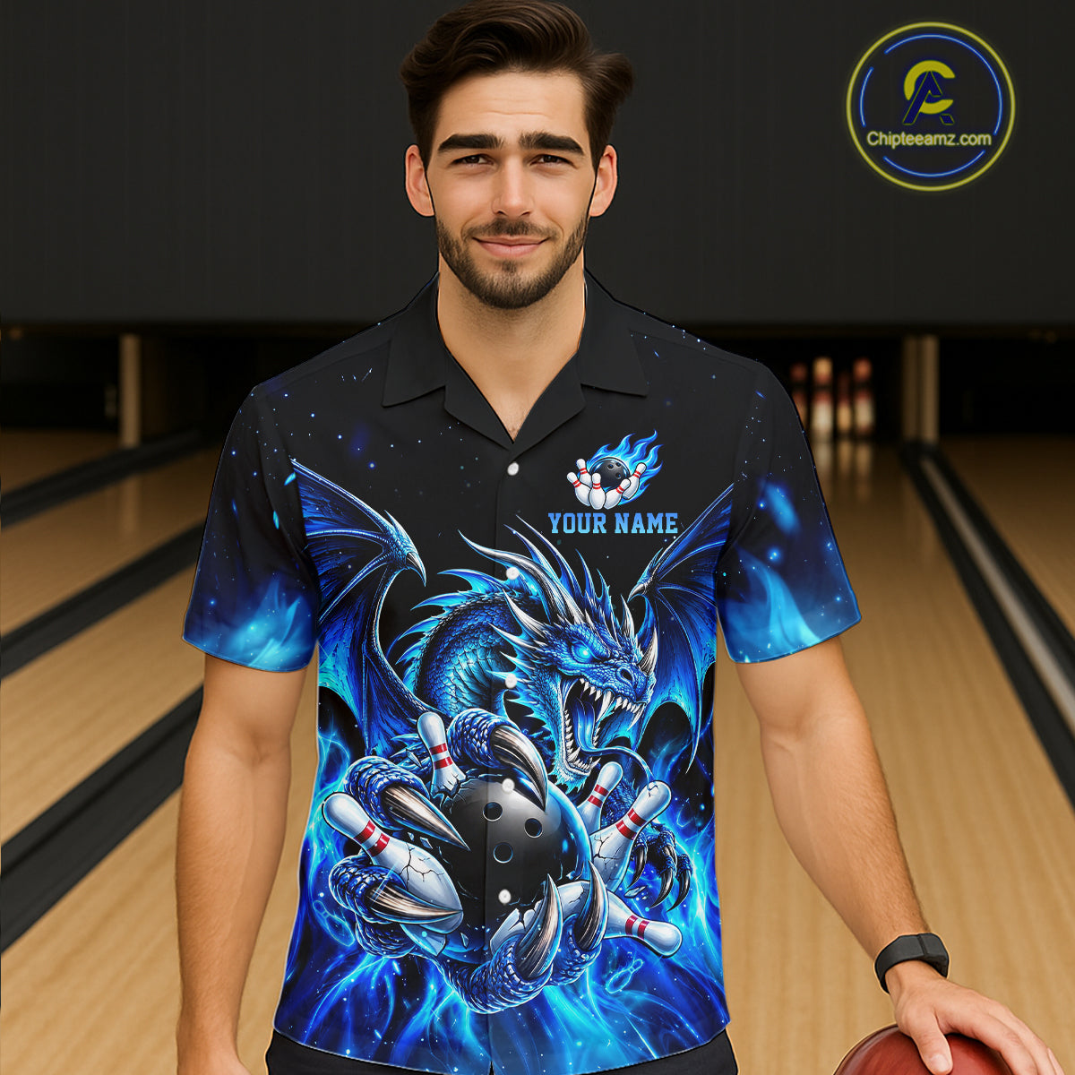 Custom Blue Flaming Dragon Bowling Hawaiian Shirt For Men And Women, Bowling Team Button Up Jersey TDM8020