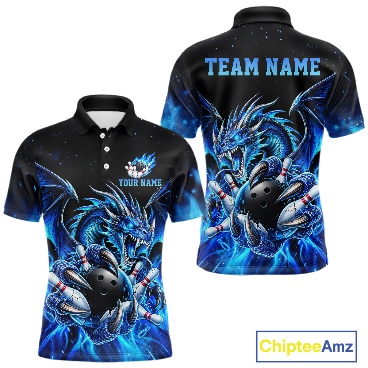 Custom Blue Flaming Dragon Bowling Jersey For Men Custom Bowling League Team Shirts Polo & 1/4 Zip TDM8020
