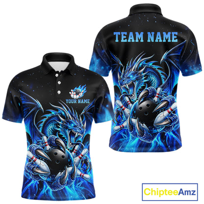 Custom Blue Flaming Dragon Bowling Jersey For Men Custom Bowling League Team Shirts Polo & 1/4 Zip TDM8020