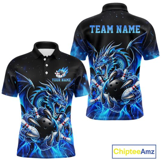 Custom Blue Flaming Dragon Bowling Jersey For Men Custom Bowling League Team Shirts Polo & 1/4 Zip TDM8020