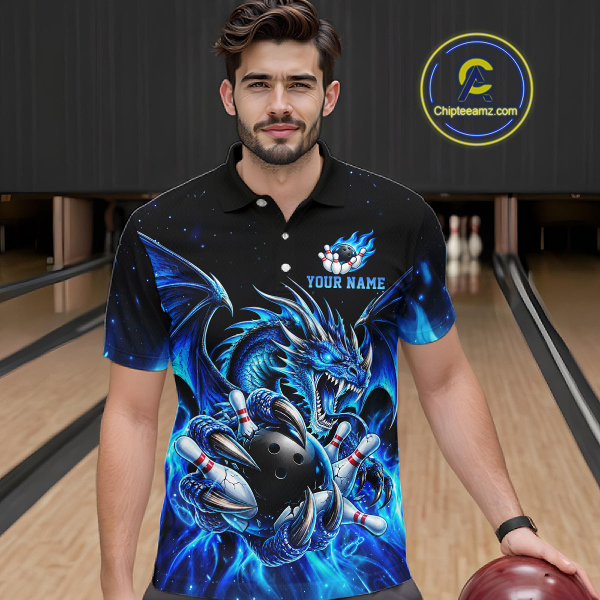 Custom Blue Flaming Dragon Bowling Jersey For Men Custom Bowling League Team Shirts Polo & 1/4 Zip TDM8020