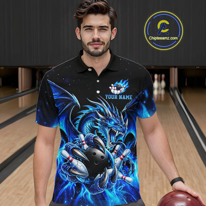 Custom Blue Flaming Dragon Bowling Jersey For Men Custom Bowling League Team Shirts Polo & 1/4 Zip TDM8020