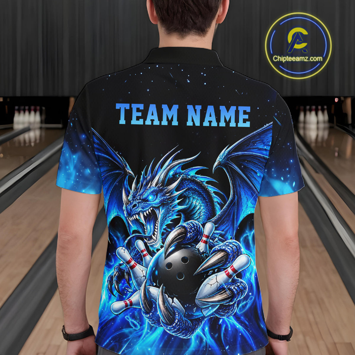 Custom Blue Flaming Dragon Bowling Jersey For Men Custom Bowling League Team Shirts Polo & 1/4 Zip TDM8020
