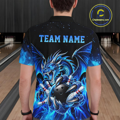 Custom Blue Flaming Dragon Bowling Jersey For Men Custom Bowling League Team Shirts Polo & 1/4 Zip TDM8020
