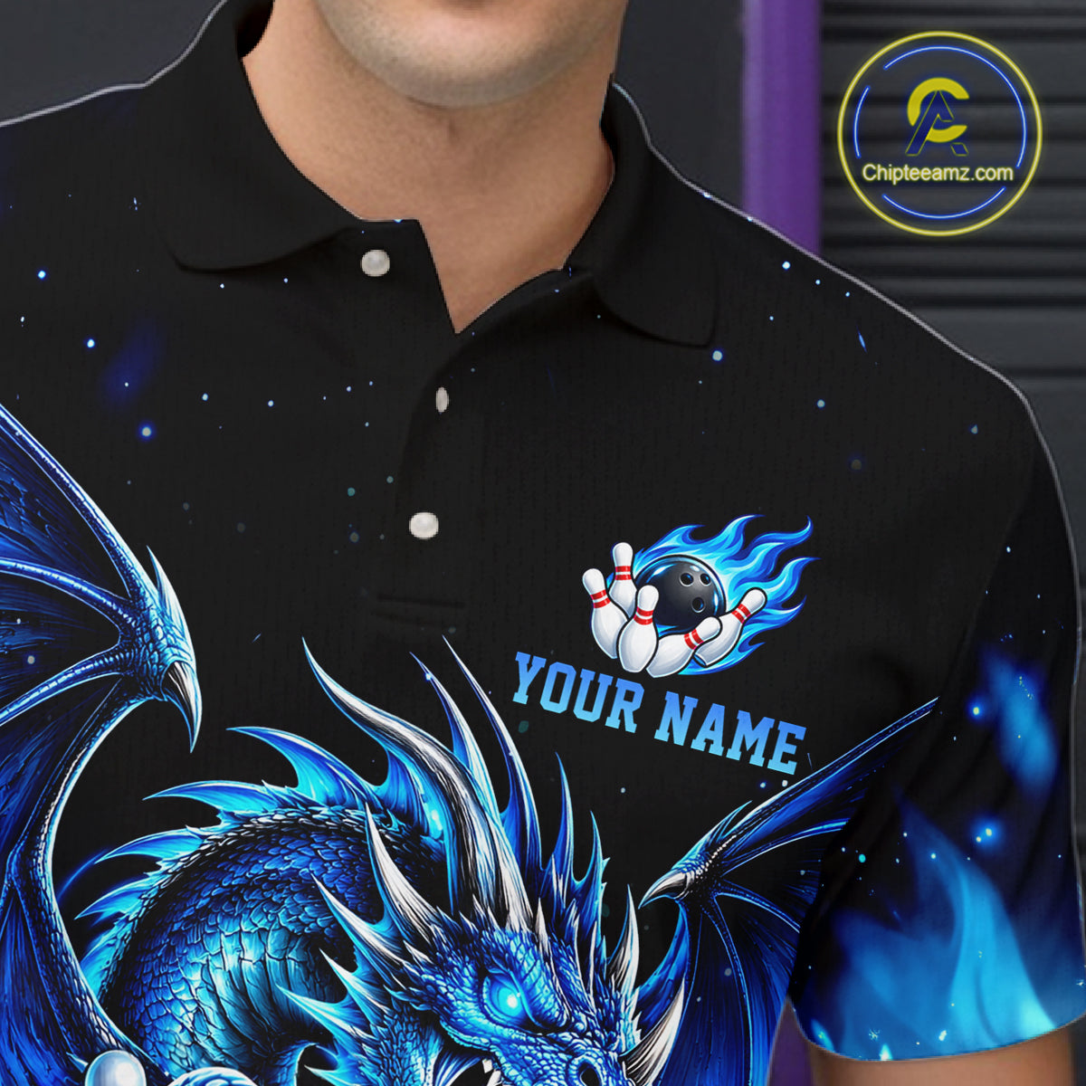 Custom Blue Flaming Dragon Bowling Jersey For Men Custom Bowling League Team Shirts Polo & 1/4 Zip TDM8020