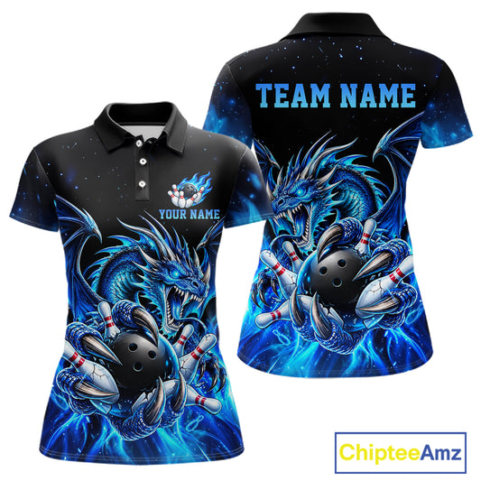 Custom Blue Flaming Dragon Bowling Jersey For Women Custom Bowling League Team Shirts Polo & 1/4 Zip TDM8020