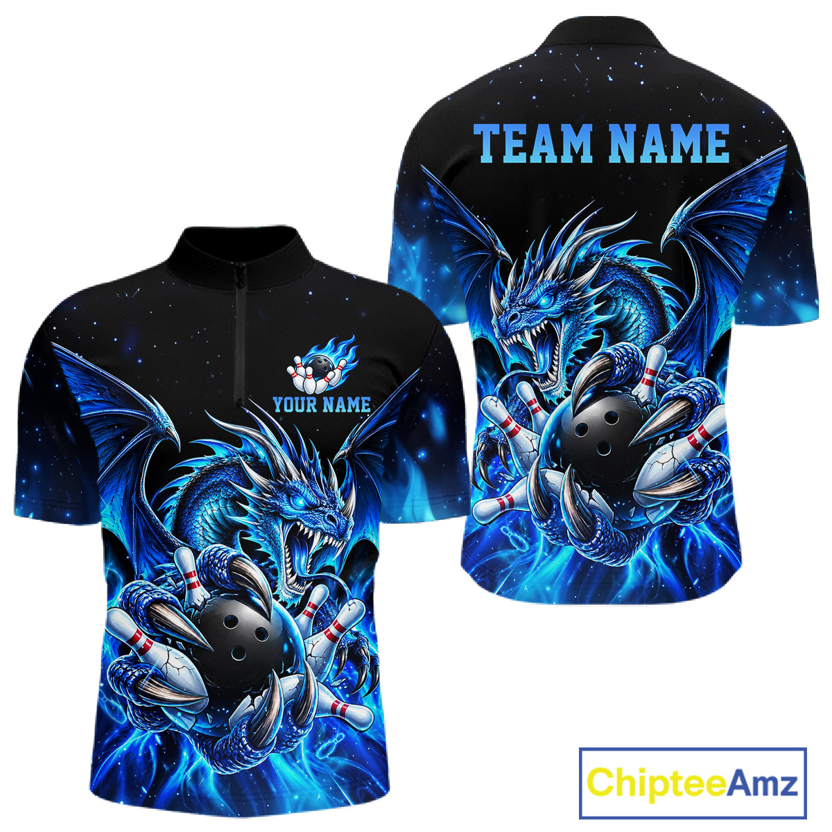 Custom Blue Flaming Dragon Bowling Jersey For Men Custom Bowling League Team Shirts Polo & 1/4 Zip TDM8020