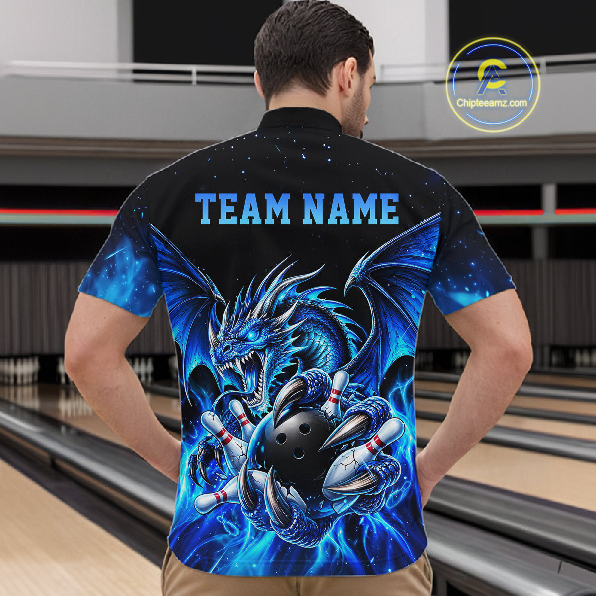 Custom Blue Flaming Dragon Bowling Jersey For Men Custom Bowling League Team Shirts Polo & 1/4 Zip TDM8020