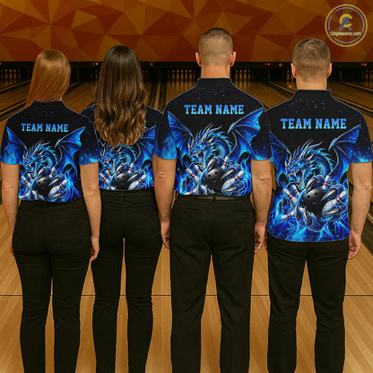 Custom Blue Flaming Dragon Bowling Jersey For Men Custom Bowling League Team Shirts Polo & 1/4 Zip TDM8020
