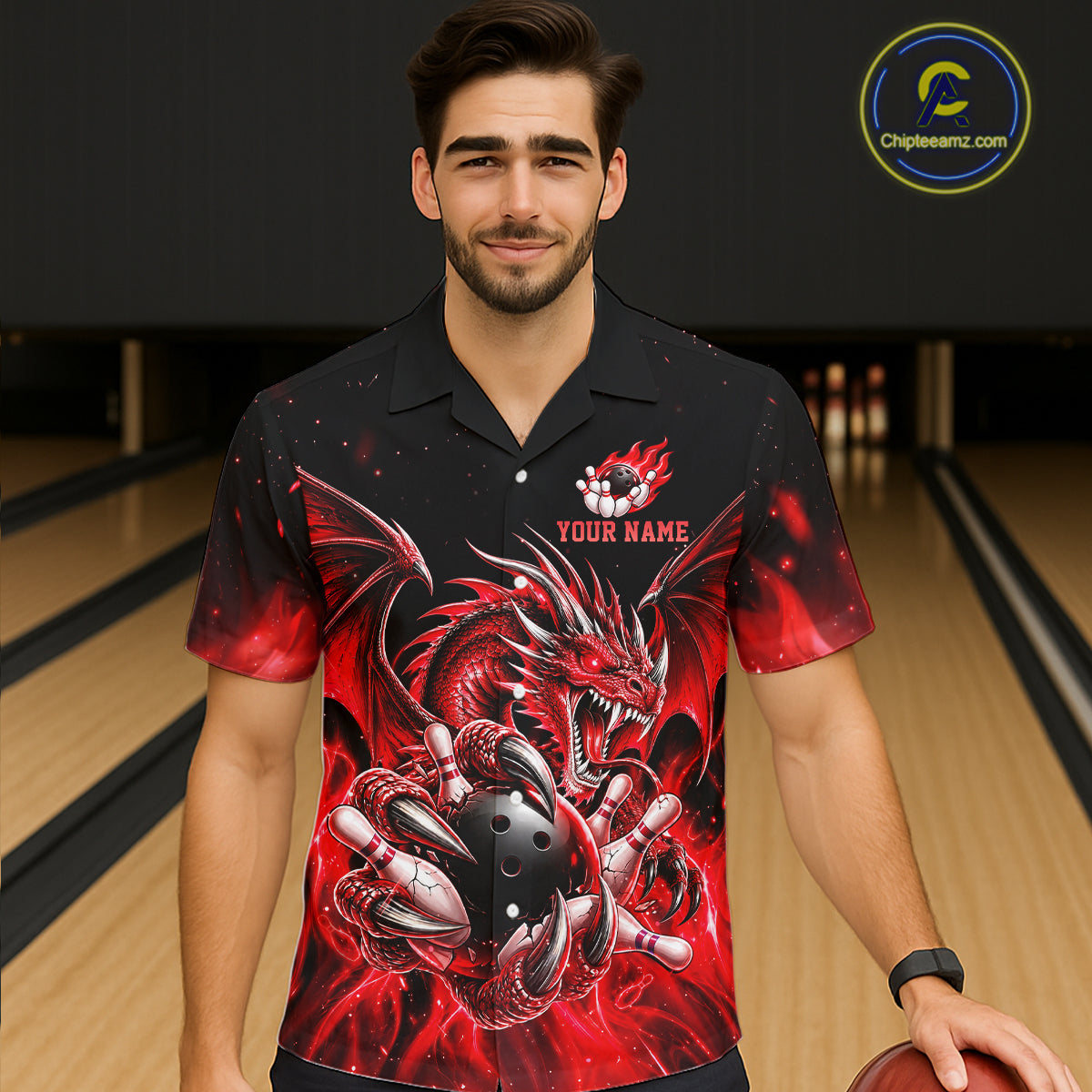 Custom Red Flaming Dragon Bowling Hawaiian Shirt For Men And Women, Bowling Team Button Up Jersey TDM8021