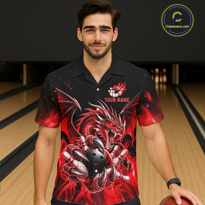 Custom Red Flaming Dragon Bowling Hawaiian Shirt For Men And Women, Bowling Team Button Up Jersey TDM8021