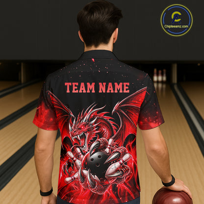 Custom Red Flaming Dragon Bowling Hawaiian Shirt For Men And Women, Bowling Team Button Up Jersey TDM8021