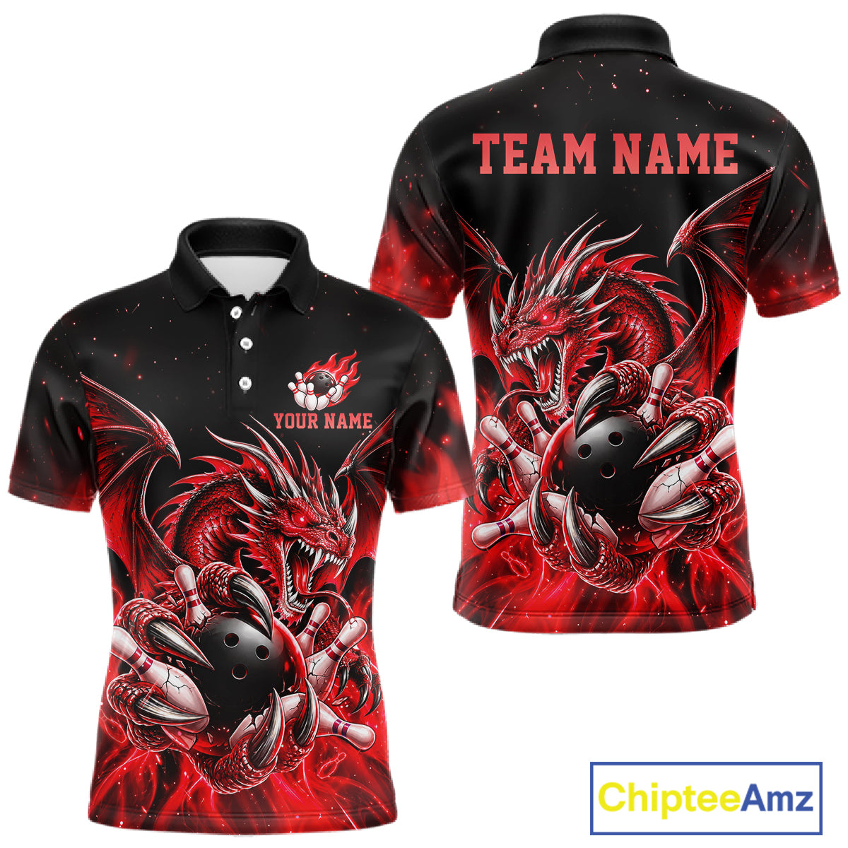 Custom Red Flaming Dragon Bowling Jersey For Men Custom Bowling League Team Shirts Polo & 1/4 Zip TDM8021