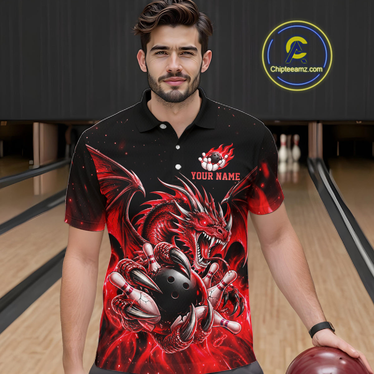 Custom Red Flaming Dragon Bowling Jersey For Men Custom Bowling League Team Shirts Polo & 1/4 Zip TDM8021