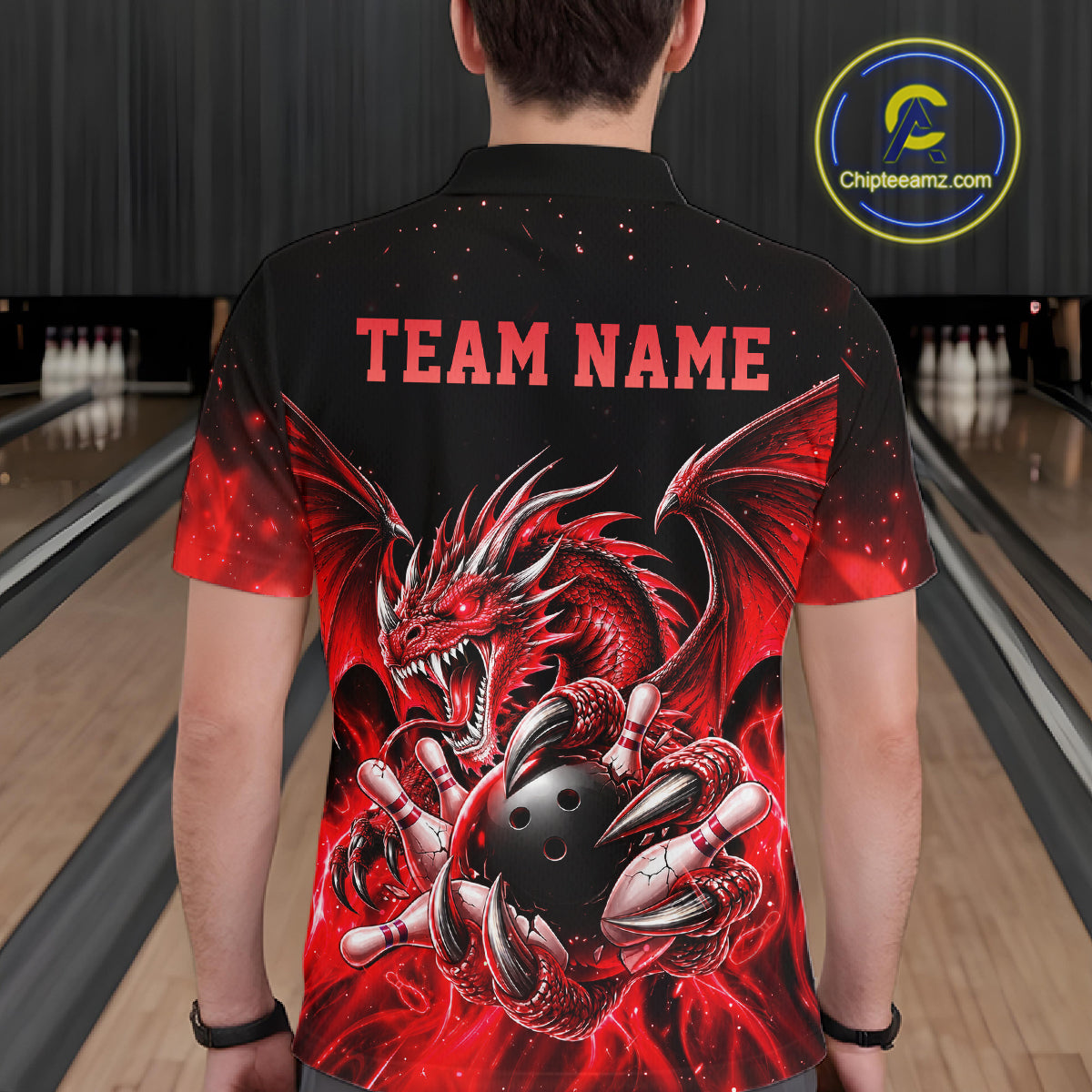 Custom Red Flaming Dragon Bowling Jersey For Men Custom Bowling League Team Shirts Polo & 1/4 Zip TDM8021