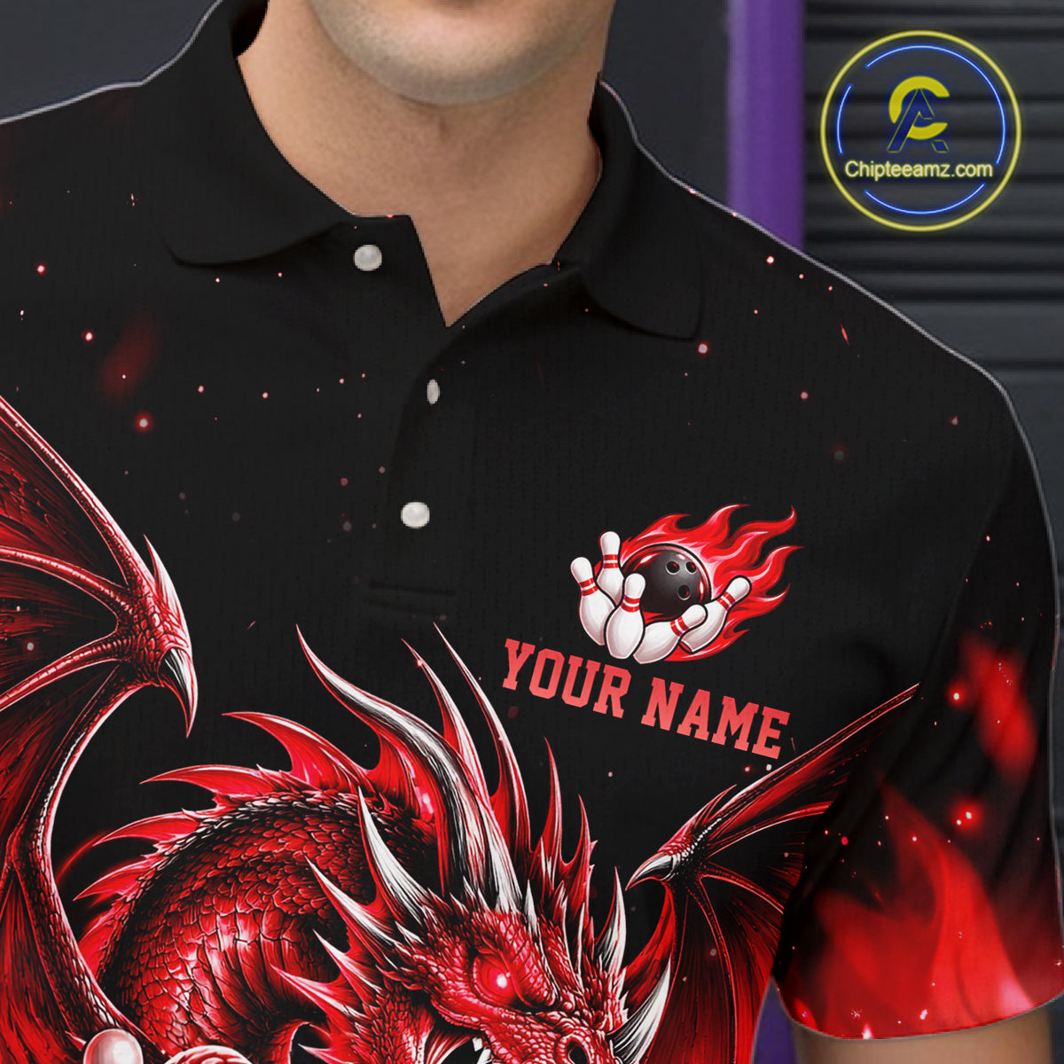 Custom Red Flaming Dragon Bowling Jersey For Men Custom Bowling League Team Shirts Polo & 1/4 Zip TDM8021