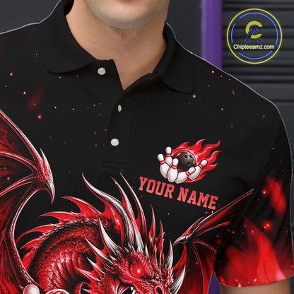 Custom Red Flaming Dragon Bowling Jersey For Men Custom Bowling League Team Shirts Polo & 1/4 Zip TDM8021