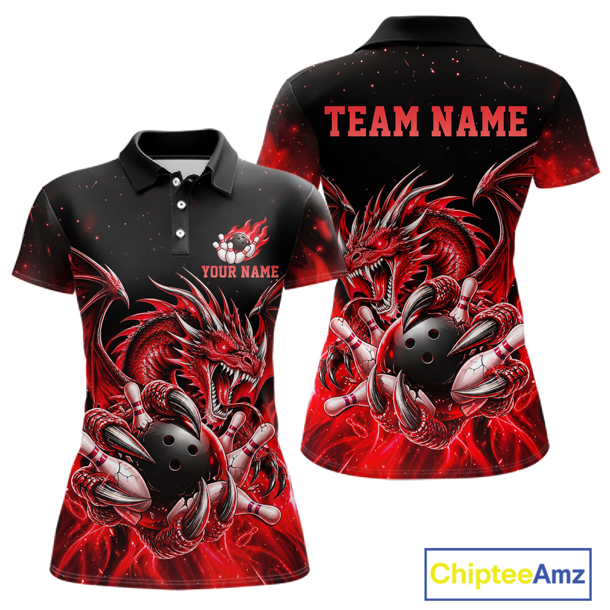 Custom Red Flaming Dragon Bowling Jersey For Women Custom Bowling League Team Shirts Polo & 1/4 Zip TDM8021
