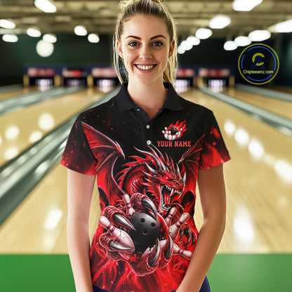 Custom Red Flaming Dragon Bowling Jersey For Women Custom Bowling League Team Shirts Polo & 1/4 Zip TDM8021