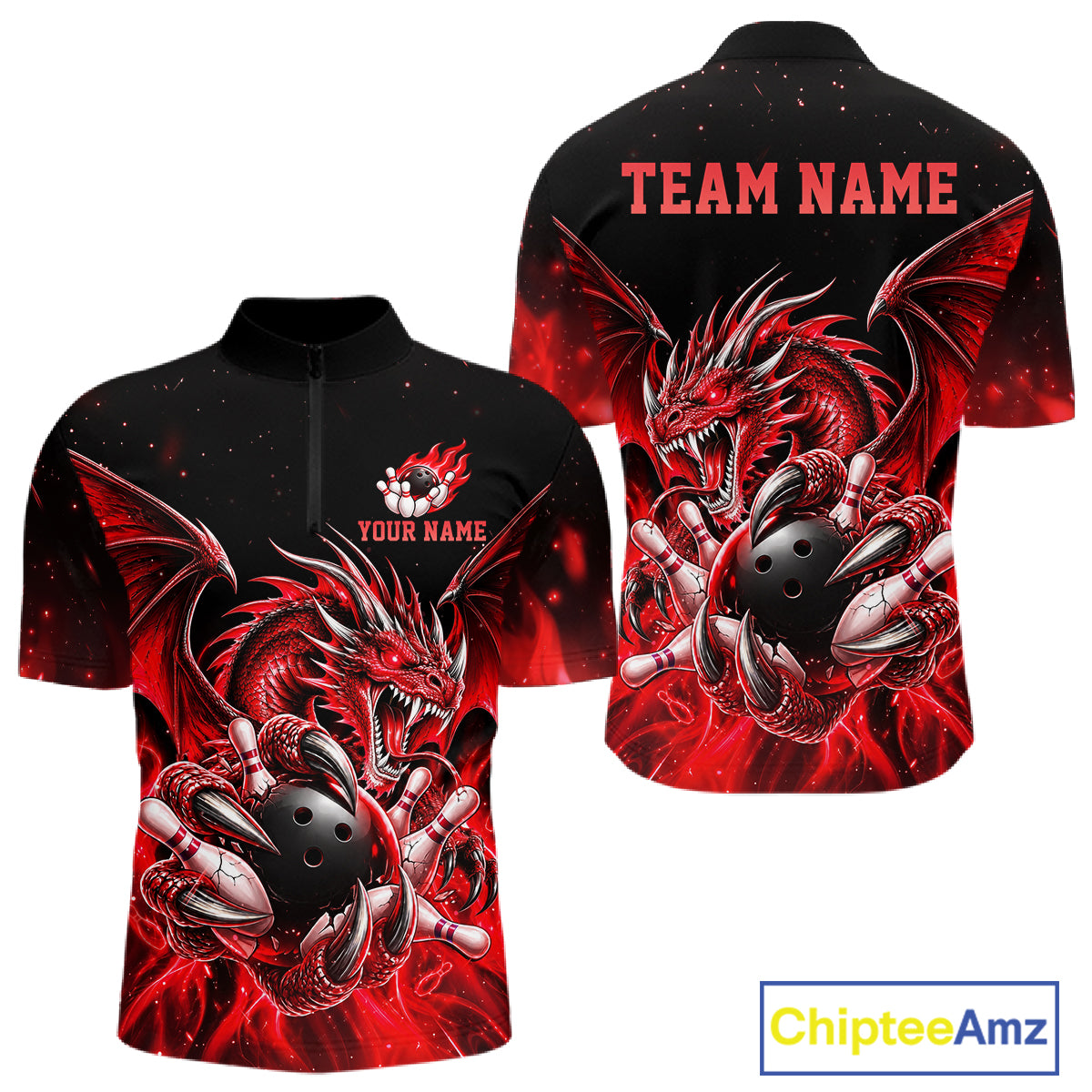 Custom Red Flaming Dragon Bowling Jersey For Men Custom Bowling League Team Shirts Polo & 1/4 Zip TDM8021