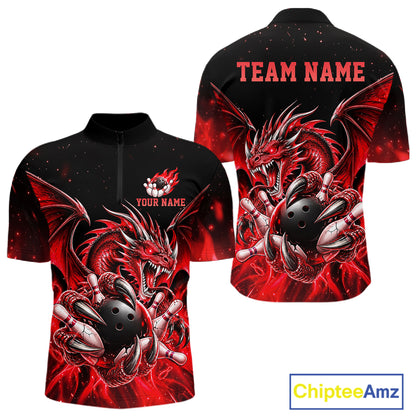 Custom Red Flaming Dragon Bowling Jersey For Men Custom Bowling League Team Shirts Polo & 1/4 Zip TDM8021