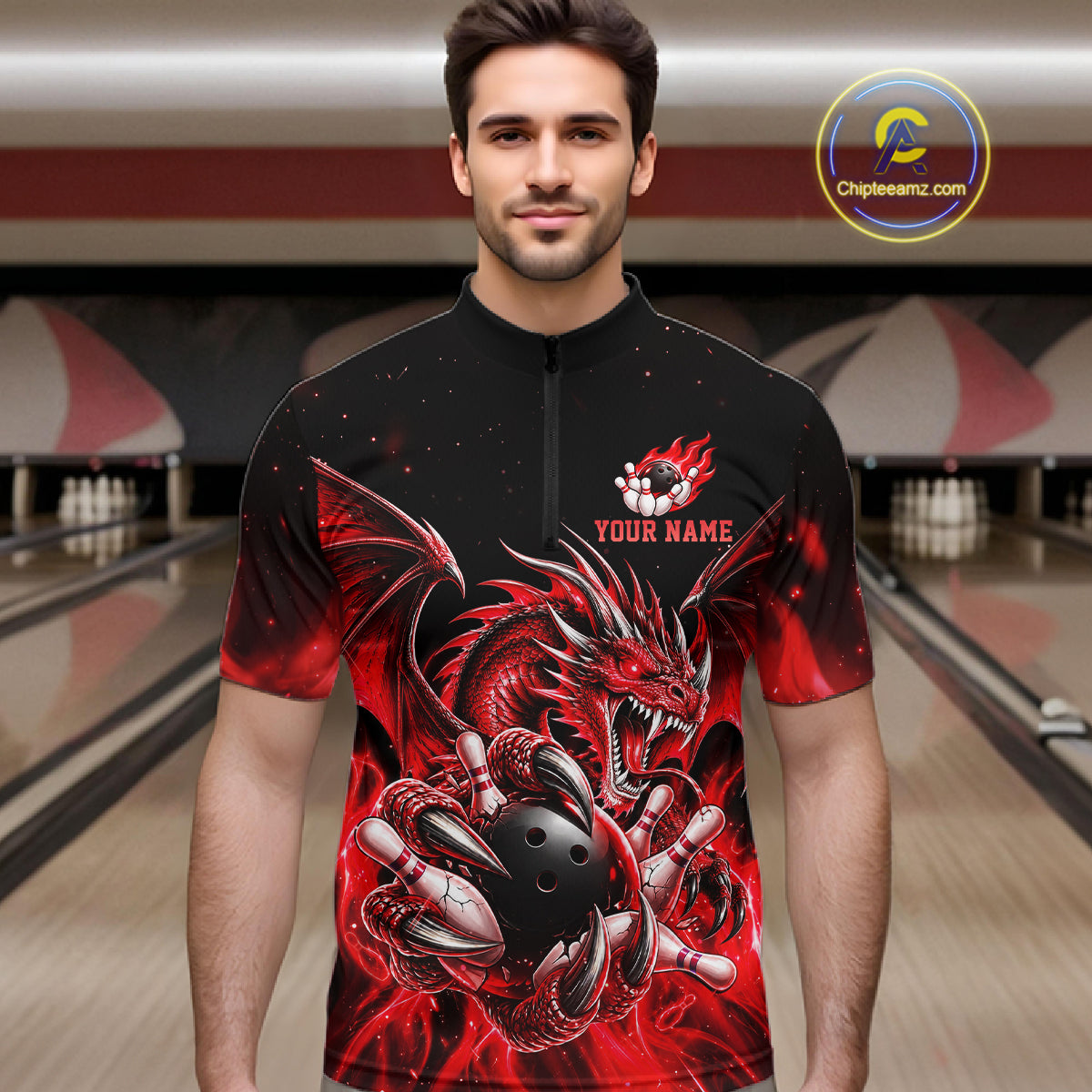 Custom Red Flaming Dragon Bowling Jersey For Men Custom Bowling League Team Shirts Polo & 1/4 Zip TDM8021
