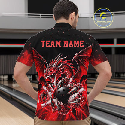 Custom Red Flaming Dragon Bowling Jersey For Men Custom Bowling League Team Shirts Polo & 1/4 Zip TDM8021
