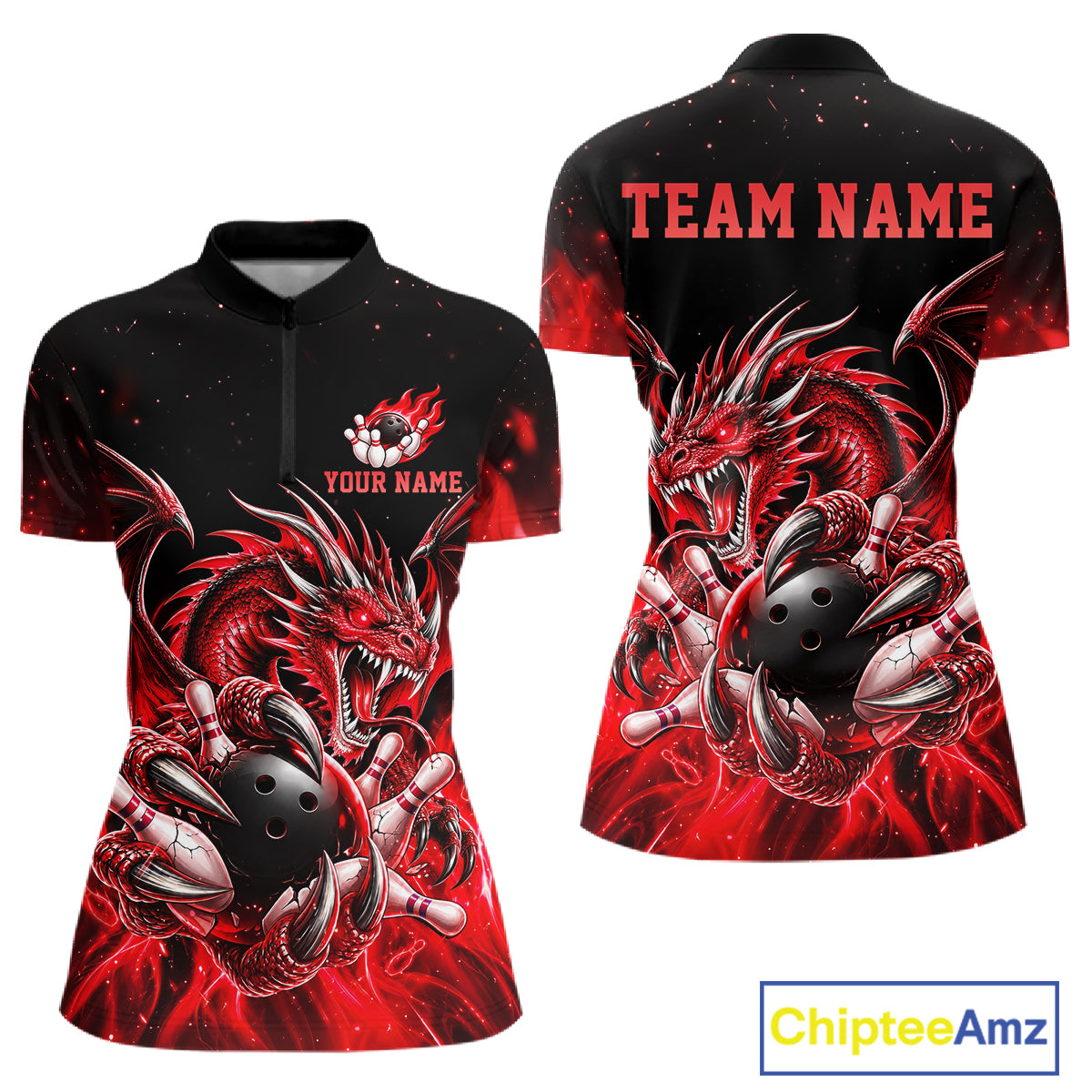 Custom Red Flaming Dragon Bowling Jersey For Women Custom Bowling League Team Shirts Polo & 1/4 Zip TDM8021