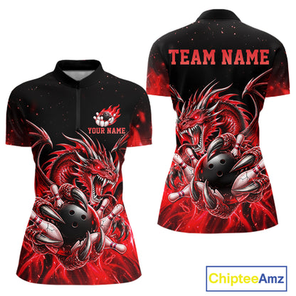 Custom Red Flaming Dragon Bowling Jersey For Women Custom Bowling League Team Shirts Polo & 1/4 Zip TDM8021