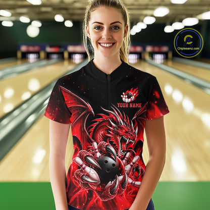 Custom Red Flaming Dragon Bowling Jersey For Women Custom Bowling League Team Shirts Polo & 1/4 Zip TDM8021