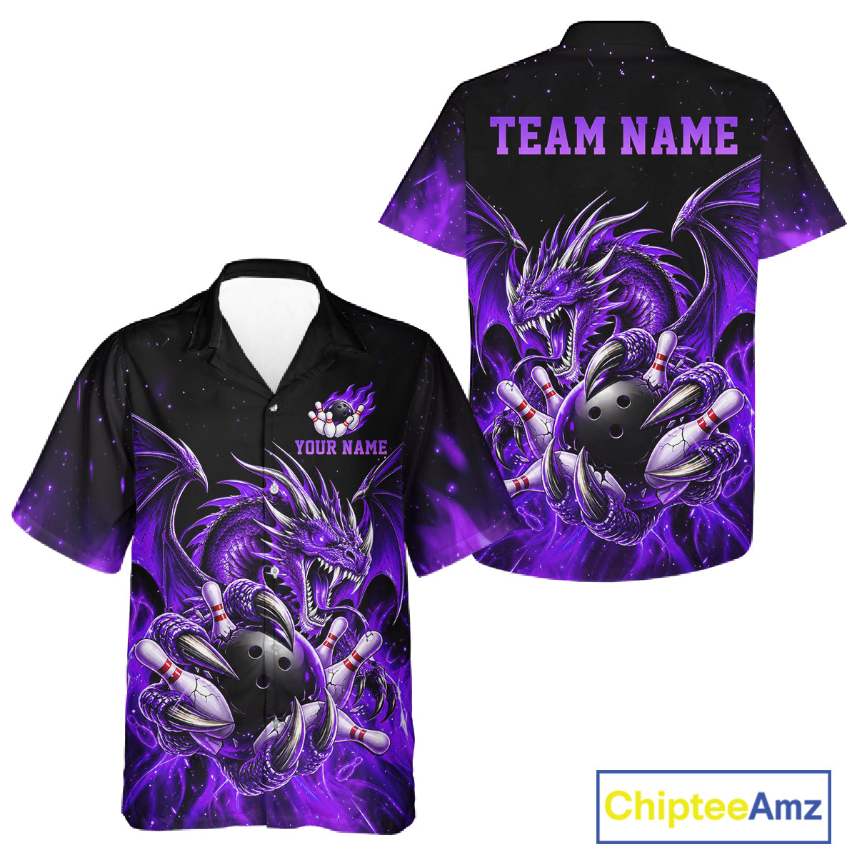 Custom Purple Flaming Dragon Bowling Hawaiian Shirt For Men And Women, Bowling Team Button Up Jersey TDM8022
