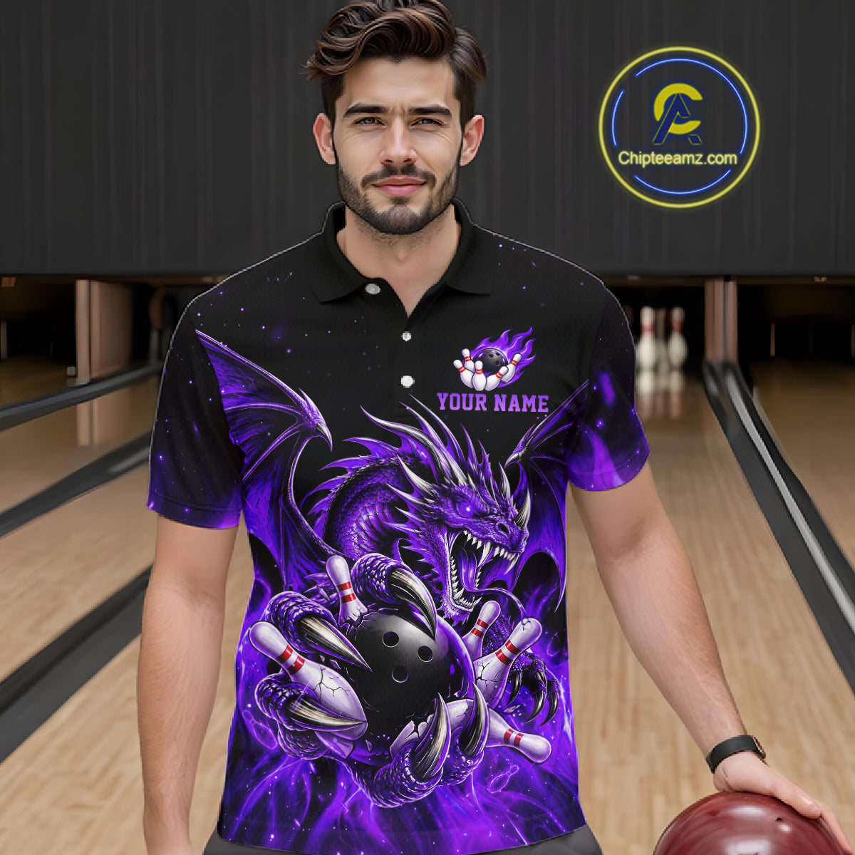 Custom Purple Flaming Dragon Bowling Jersey For Men Custom Bowling League Team Shirt Polo, 1/4 Zip TDM8022