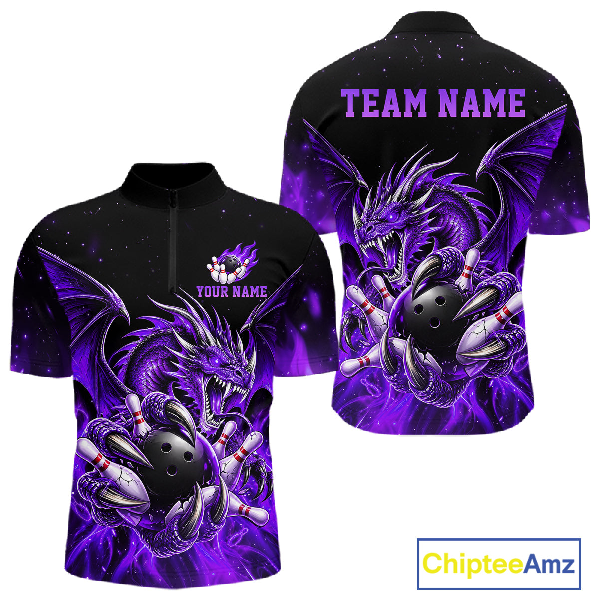 Custom Purple Flaming Dragon Bowling Jersey For Men Custom Bowling League Team Shirt Polo, 1/4 Zip TDM8022
