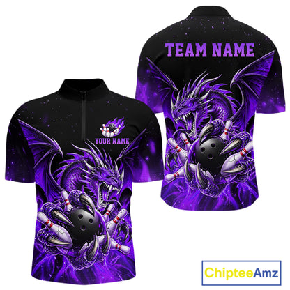 Custom Purple Flaming Dragon Bowling Jersey For Men Custom Bowling League Team Shirt Polo, 1/4 Zip TDM8022
