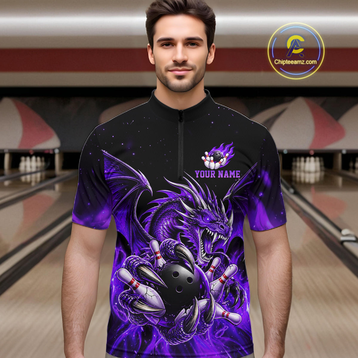 Custom Purple Flaming Dragon Bowling Jersey For Men Custom Bowling League Team Shirt Polo, 1/4 Zip TDM8022