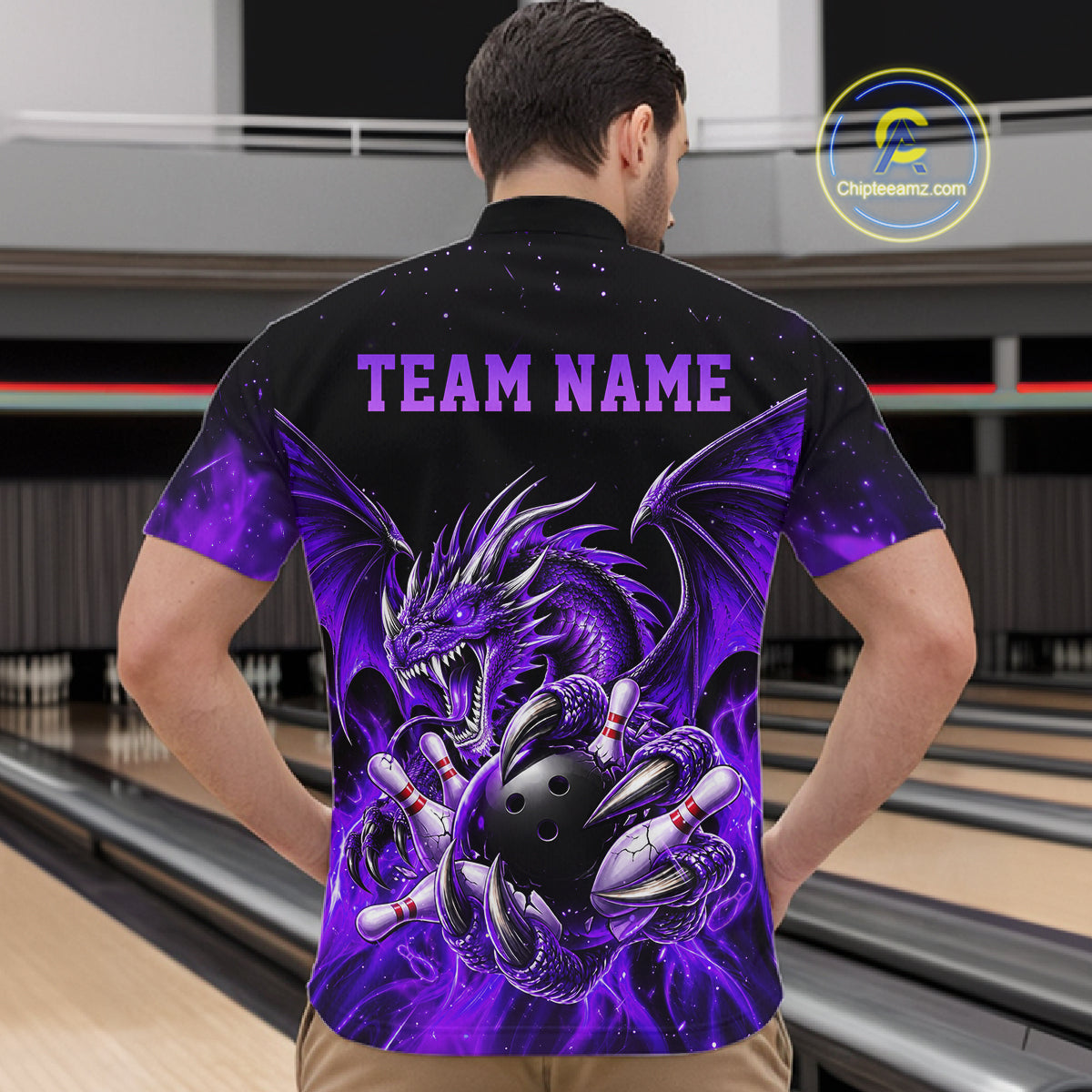 Custom Purple Flaming Dragon Bowling Jersey For Men Custom Bowling League Team Shirt Polo, 1/4 Zip TDM8022