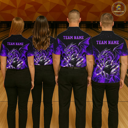 Custom Purple Flaming Dragon Bowling Jersey For Men Custom Bowling League Team Shirt Polo, 1/4 Zip TDM8022