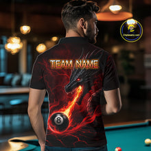 Load image into Gallery viewer, Back view of man wearing a red dragon 8 ball pool fire billiard team jersey.