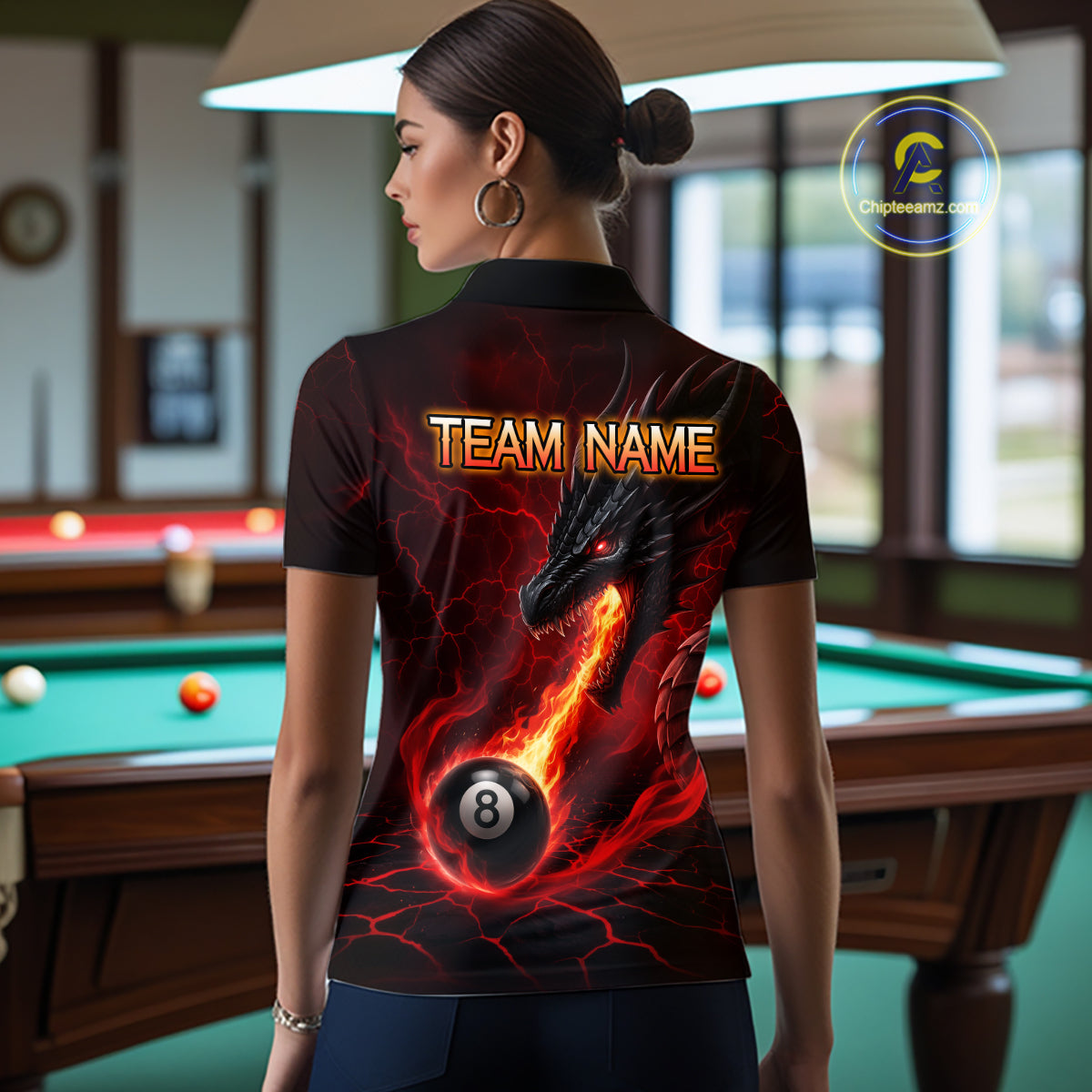 Back view of woman wearing a red dragon 8 ball pool fire billiard team jersey.